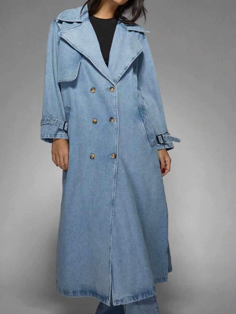 Light Wash Oversized Denim Women's Long Double Breasted Trench Coat - Picture 5 of 7